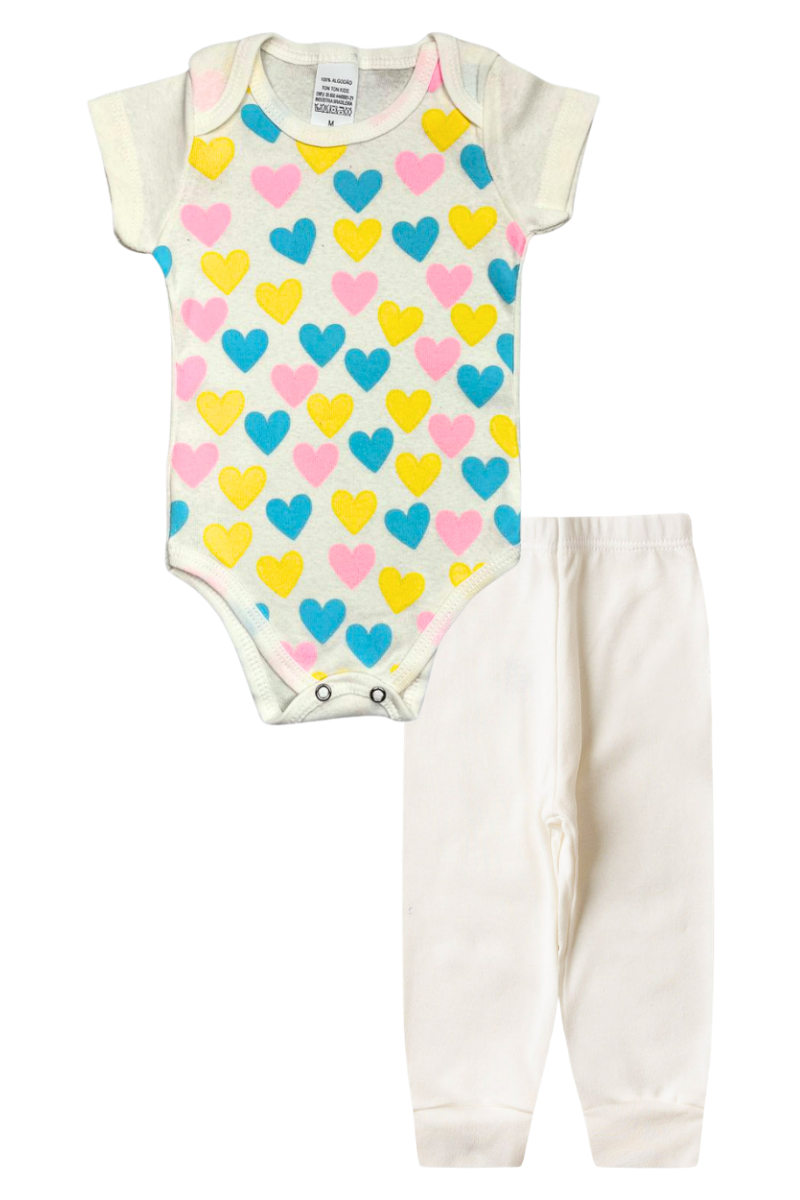 Conjunto Body Bebê Inverno Menina 2 Peças Coracoes Off White - TonTon Kids