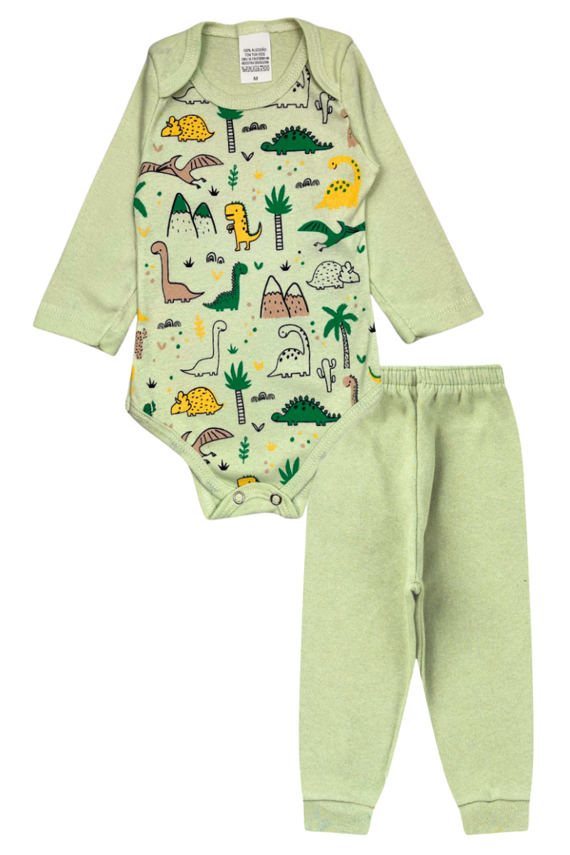 Conjunto Body Bebê Inverno Menino 2 Peças Dinos Verde Claro - TonTon Kids Ton 2644 Vrdc