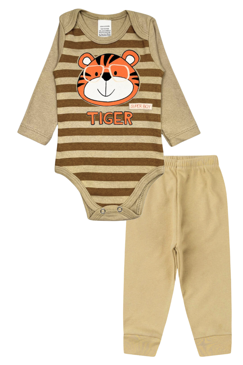 Conjunto Body Bebê Inverno Menino 2 Peças Tiger Bege - TonTon Kids