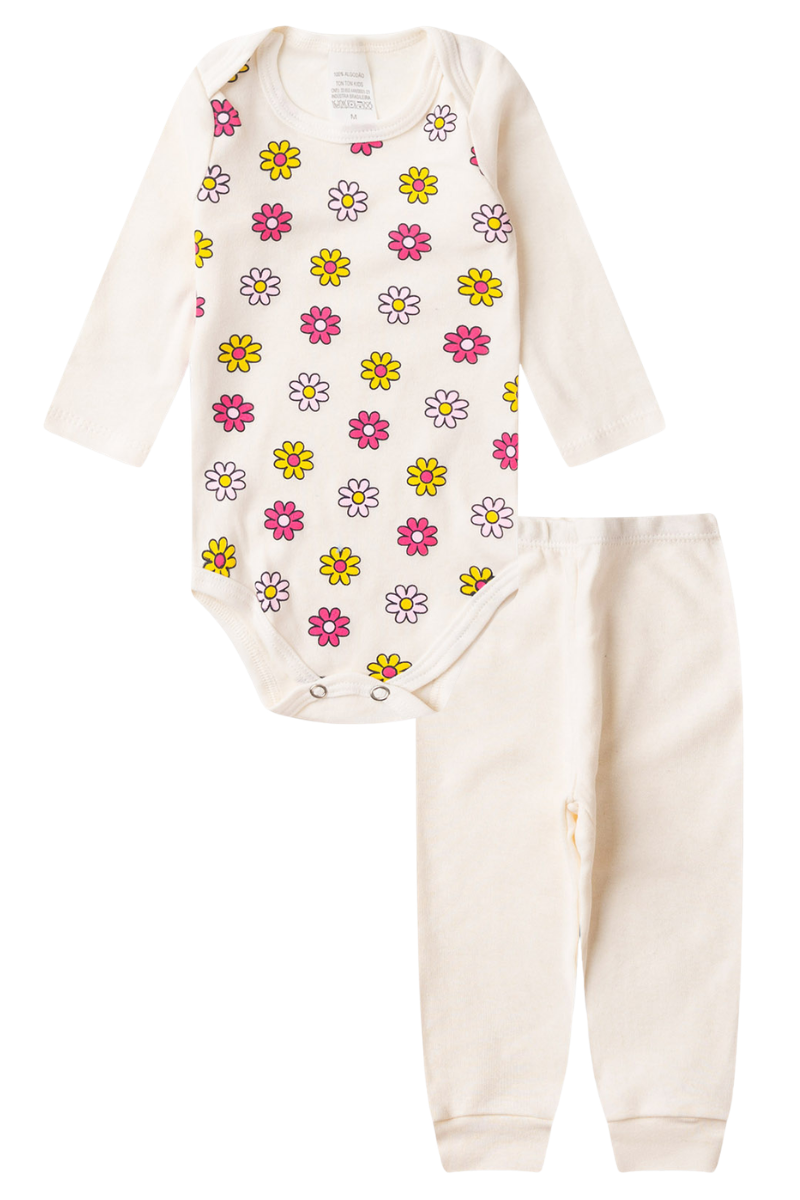 Conjunto Body Bebê Inverno Menina 2 Peças Flores Off White - TonTon Kids Ton 2654 Off