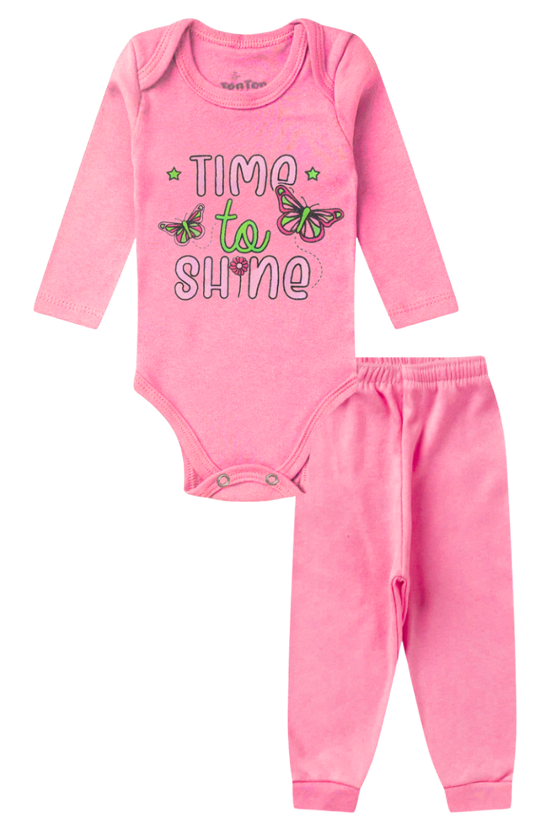Conjunto Body Bebê Inverno Menina 2 Peças Time To Rosa - TonTon Kids