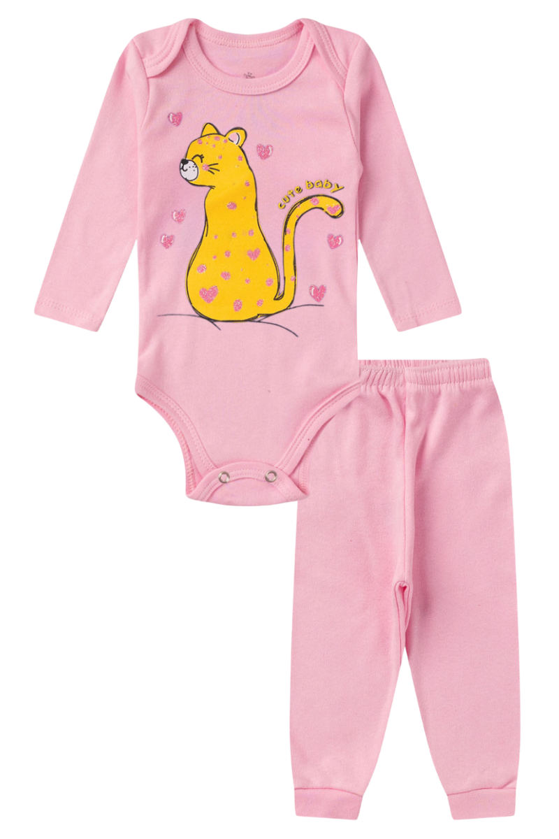 Conjunto Body Bebê Inverno Menina 2 Peças Gatinha Rosa - TonTon Kids