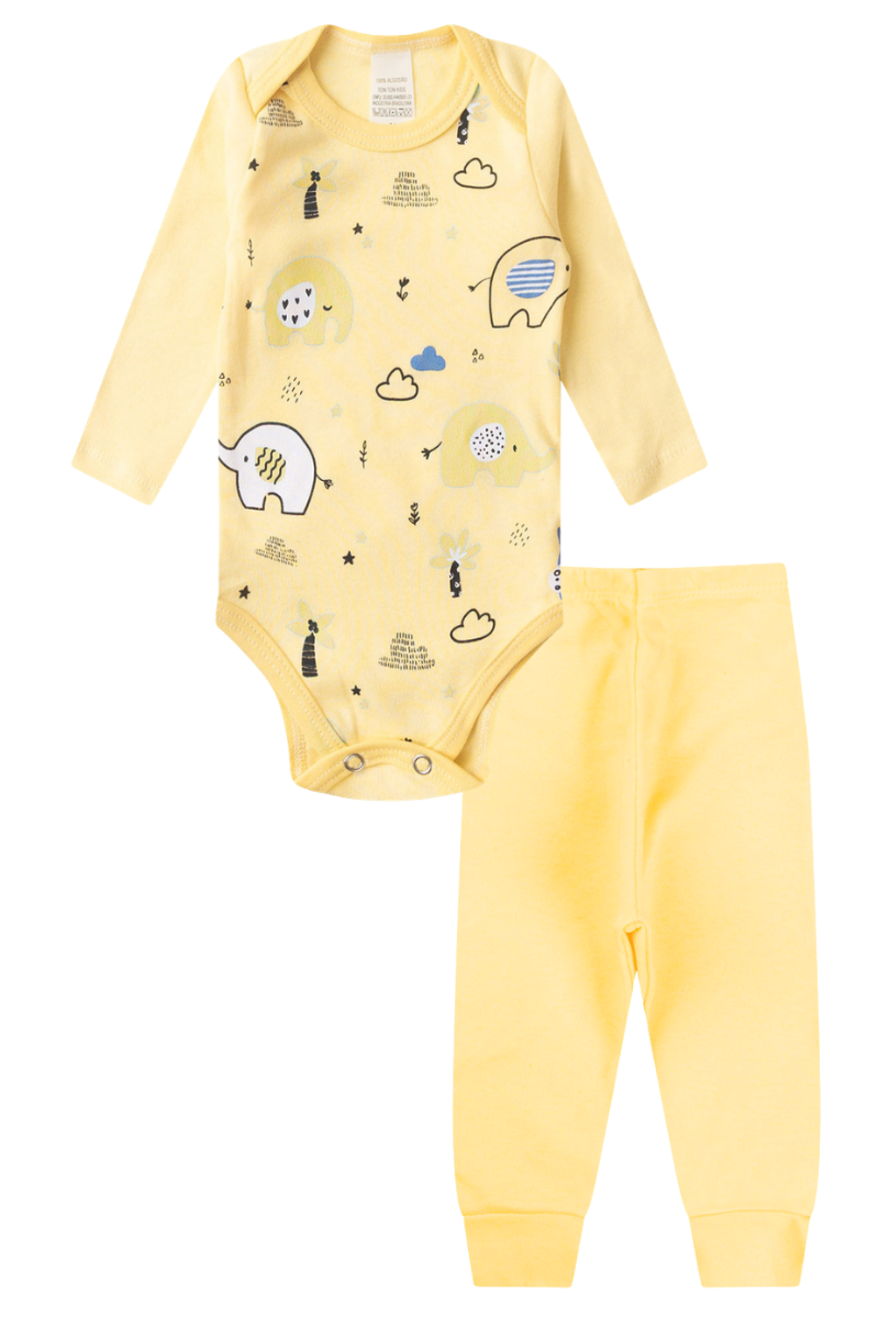Conjunto Body Bebê Inverno Menino 2 Peças Elefantes Amarelo - TonTon Kids Ton 2659 Ama