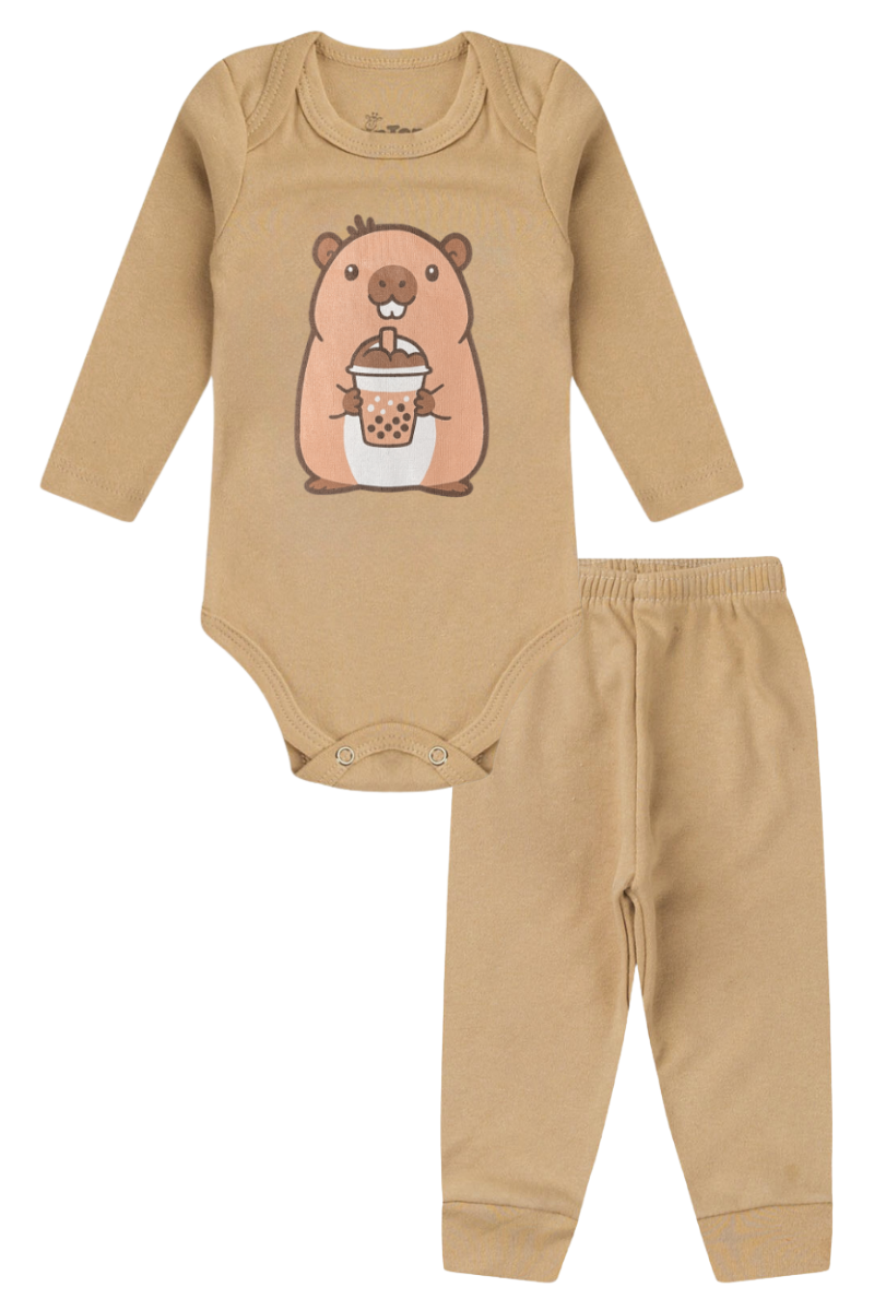 Conjunto Body Bebê Inverno Menino 2 Peças Capivara Bege - TonTon Kids Ton 2666 Beg