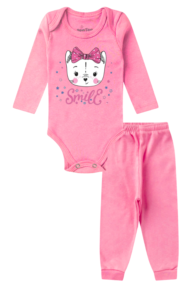 Conjunto Body Bebê Inverno Menina 2 Peças Smile Rosa - TonTon Kids