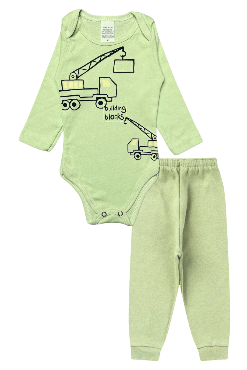 Conjunto Body Bebê Inverno Menino 2 Peças Building Verde Claro - TonTon Kids