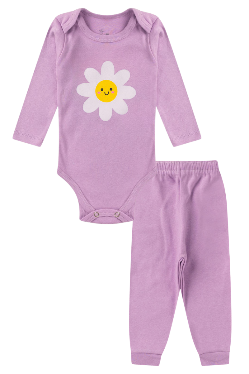 Conjunto Body Bebê Inverno Menina 2 Peças Margarida Lilas - TonTon Kids