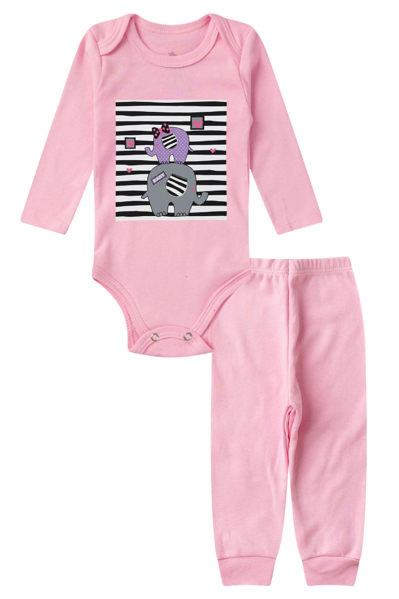 Conjunto Body Bebê Inverno Menina 2 Peças Elefantes Rosa - TonTon Kids