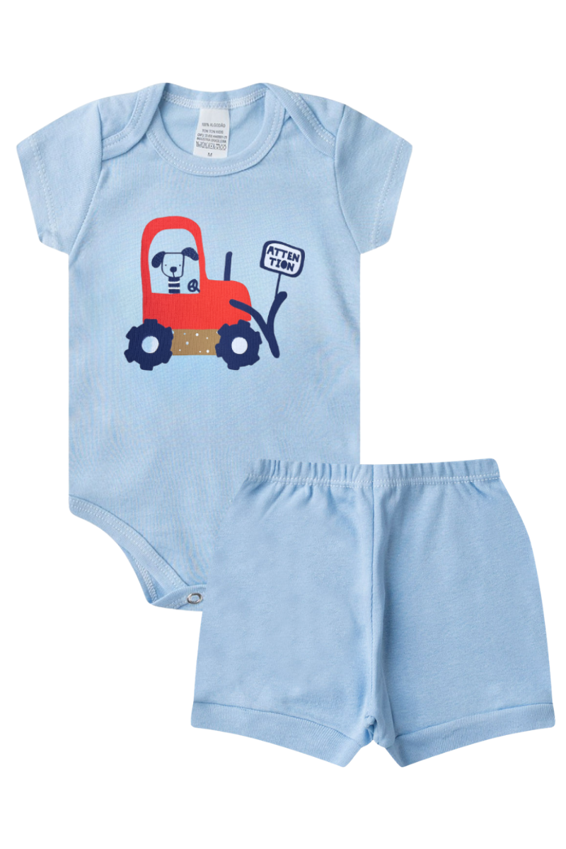 Conjunto Body Bebê Verão Menino 2 Peças Trator Azul - TonTon Kids